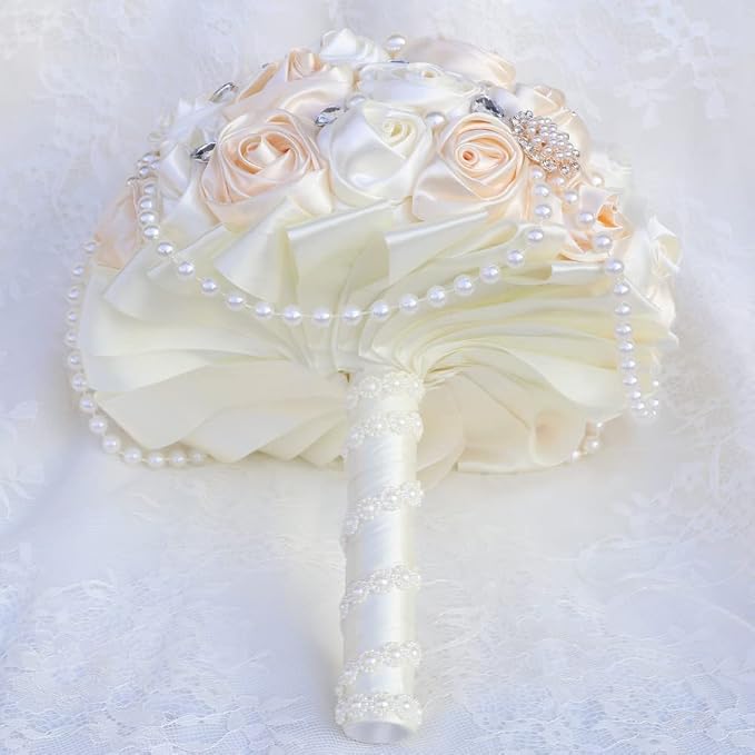 Ivory and Champagne Bridal Wedding Bouquet with Rhinestone Brooch Pearl String Cascade Bouquet for Bride Bridesmaid Quinceanera Satin Rose Flower Bouquet Wedding Champagne and Ivory 9.8in
