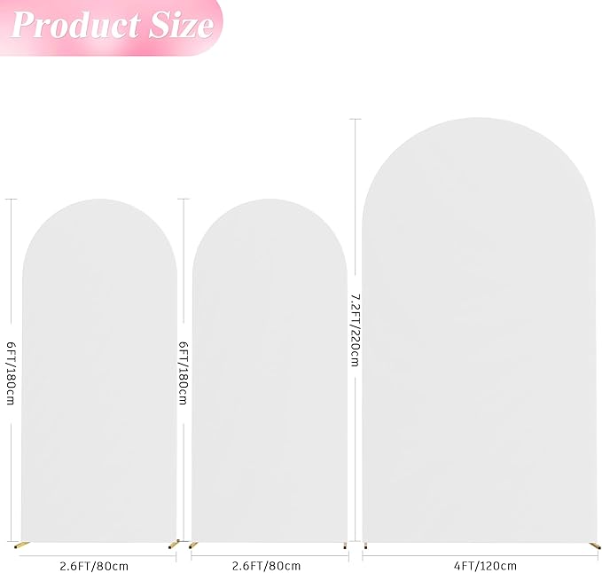 Wokceer Wedding Arch Backdrop Cover 7.2FT, 6FT, 6FT Spandex Set of 3 Wedding Arch Stand Covers Round Top Chiara Backdrop Stands Cover for Birthday Party Ceremony Banquet Decor White