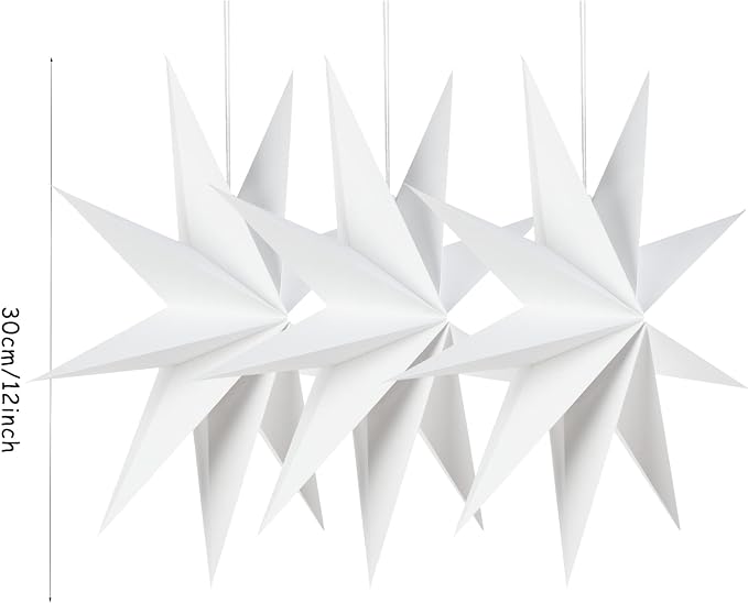 SUNBEAUTY 3 Pcs 9-Pointed White Paper Star Lanterns 12 Inch Hanging Lampshade Wedding Birthday Christmas Home Party Decoration