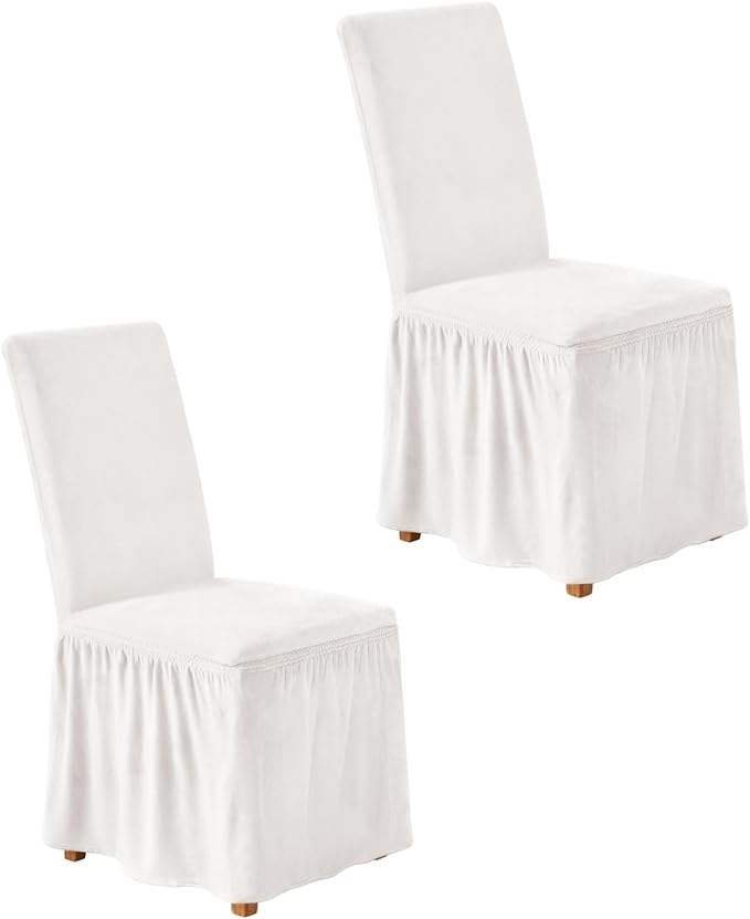 NICEEC Spandex Chair Covers for Dining Chairs Covers Set of 2 Removable Dining Room Chair Covers with Skirt Parson Chair Slipcovers Washable Chair Protector for Kitchen Wedding Party Banquet(White)