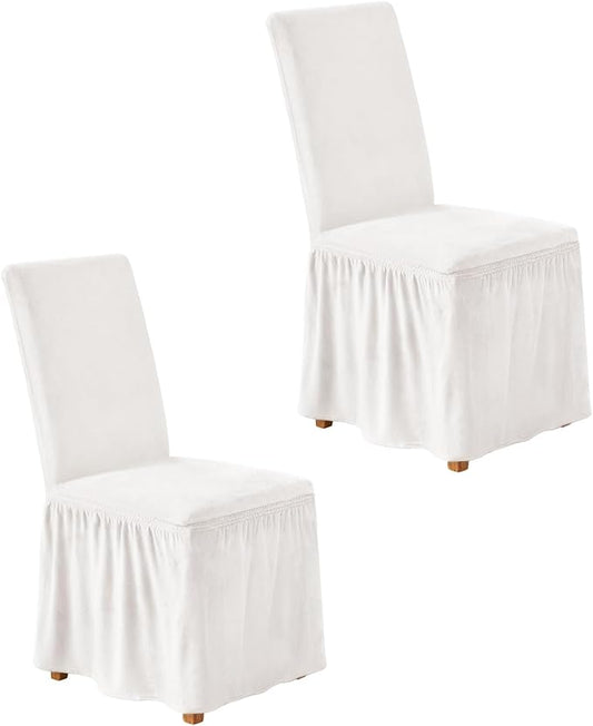 NICEEC Spandex Chair Covers for Dining Chairs Covers Set of 2 Removable Dining Room Chair Covers with Skirt Parson Chair Slipcovers Washable Chair Protector for Kitchen Wedding Party Banquet(White)