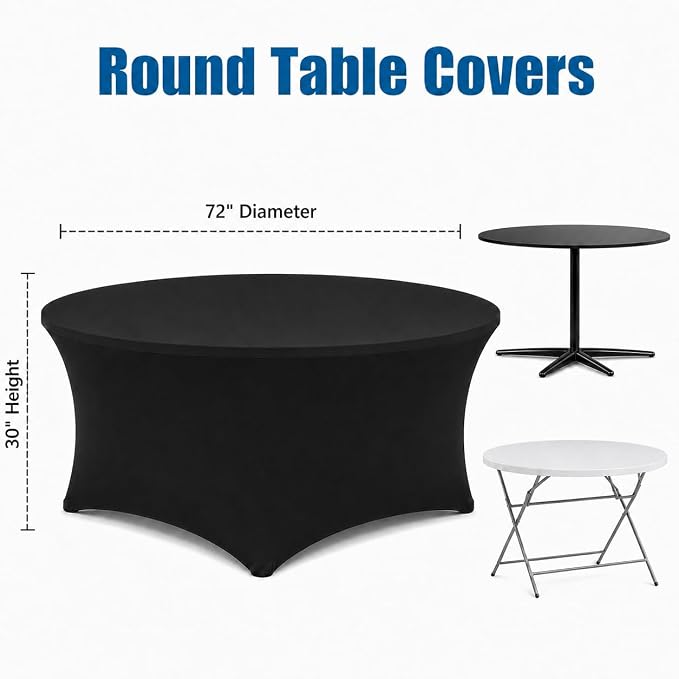 Round Table Covers - 6 Pack 72x30 Inch Table Cloth - Black Fitted Stretch Spandex Round Tablecloth for Party, Exhibition, Wedding, Event, Banquet