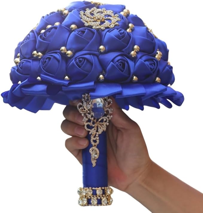 Royal Blue Gold Brooch Wedding Bridal Bouquet for Bride Bridesmaid Quinceanera with Bling Rhinestone Pearl Satin Rose Flower Bouquet Wedding Royal Blue 8.3in
