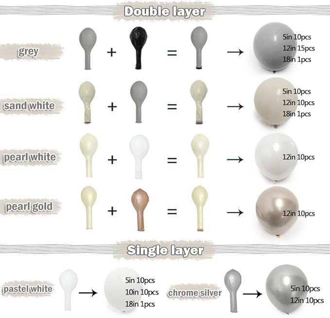 Grey White Sand Balloon Garland - Double Stuffed Beige Pearl White Neutral Balloon Arch Kit with Silver Color for Bridal Wedding Baby Shower Birthday Party Decoration