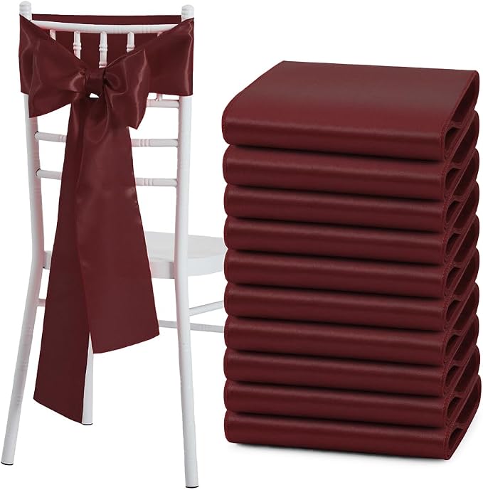 50 Pcs Burgundy Satin Chair Sashes Bows Universal Chair Cover for Wedding Reception Events Banquets Party, Hotel Event Decorations, 6 x 108 inch