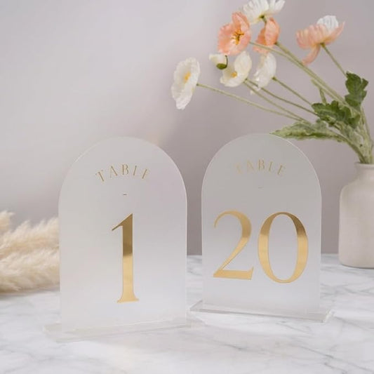 UNIQOOO Frosted Arch Wedding Table Numbers 1-20, Gold Foil Printed 5x7 Acrylic Display Signs and Holders, Pack of 20, Perfect for Centerpiece, Reception, Decoration, Party, Anniversary, Event