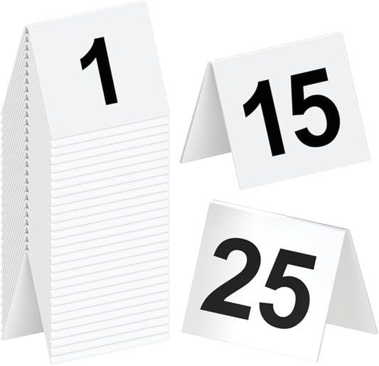 Restaurant Table Numbers 1-25 White, Tent Table Numbers (3 in x 3.5 in)