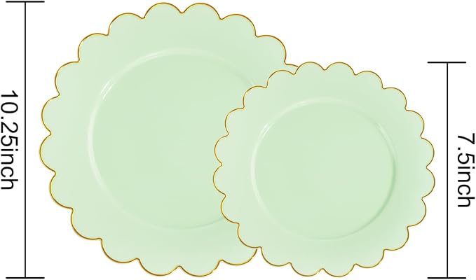 LIYH 60 Pcs Light Green Plastic Plates with Gold Edges, Disposable Sage Green and Gold Plastic Plates Includes 30 Dinner Plate 10.25 Inch and 30 Dessert Plate 7.5 Inch for Birthday Party