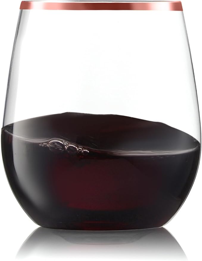 32 Pack Stemless Plastic Wine Glasses Disposable 12 Oz Rose Gold Rim - Shatterproof Recyclable and BPA-Free, Stylish Drinkware for all Beverages, Cocktail Parties, Wedding Reception