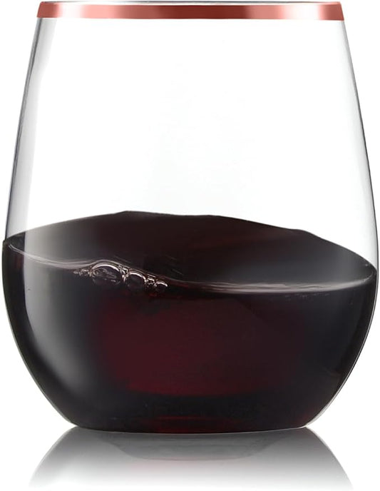 32 Pack Stemless Plastic Wine Glasses Disposable 12 Oz Rose Gold Rim - Shatterproof Recyclable and BPA-Free, Stylish Drinkware for all Beverages, Cocktail Parties, Wedding Reception