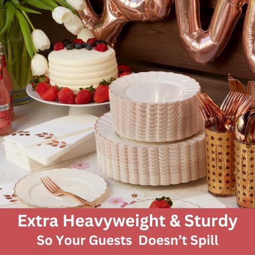 By Madee HEAVYWEIGHT 100 Pc Fancy Disposable Plates Set | Ivory Scalloped Premium Disposable Plates with Rose Gold Trim | 50 Dinner & 50 Dessert Plates (50 Guests)