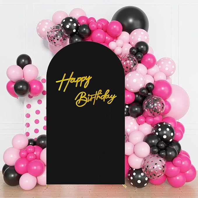 HAINARverS 7.2FT Black Arch Backdrop Cover Spandex with Glitter Gold Happy Birthday Sign for Wedding Birthday Party Ceremony Banquet Decoration(Black)