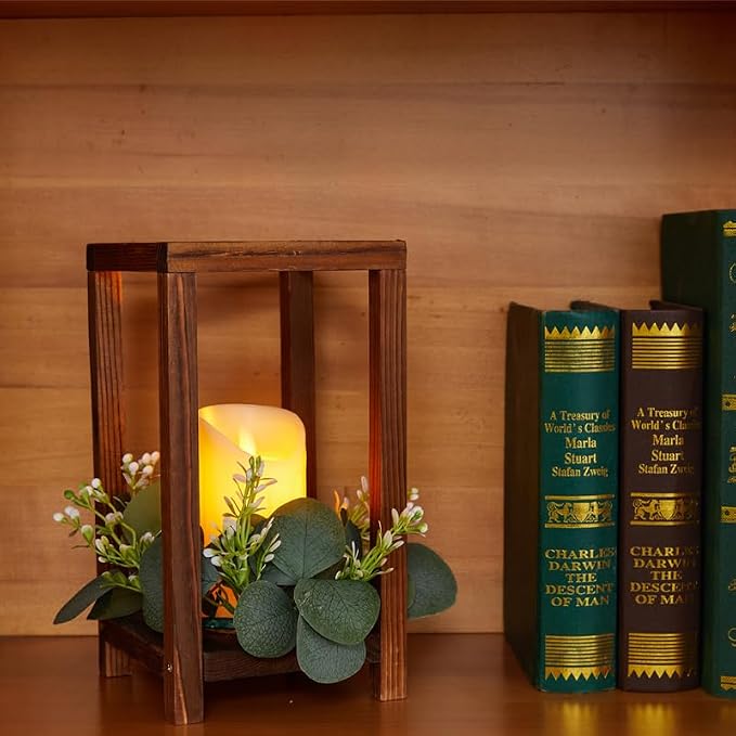 60 Pcs/20 Set Wooden Wedding Lantern Centerpiece-Wooden Candle Lantern Bulk Includes 20 Farmhouse Wooden Candle Holder 20 Flameless LED Candles 20 Eucalyptus Leaves Wreath for Decoration