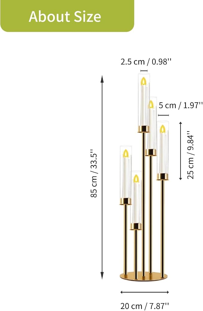 Candelabra Gold Centerpiece 5 Arms Taper Candle Holder Gold Centerpiece with Acrylic Tubes for Table Decoration Wedding Event Party Aisle Stage Home Decor (2, M)