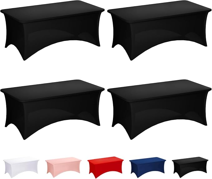 Fixwal Black Stretch Table Cloth Rectangle 4 Pack 6Ft, Spandex Fitted Table Covers Washable for Party, Trade Show, Banquet, Wedding, Buffet