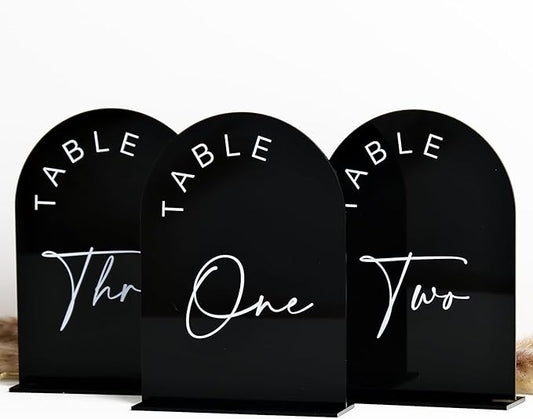 Black Arch Wedding Table Numbers 1-25 with Stands, 5x7 Inch Black Acrylic Arch Sign with Holder, Arched Acrylic Table Numbers for Wedding Reception