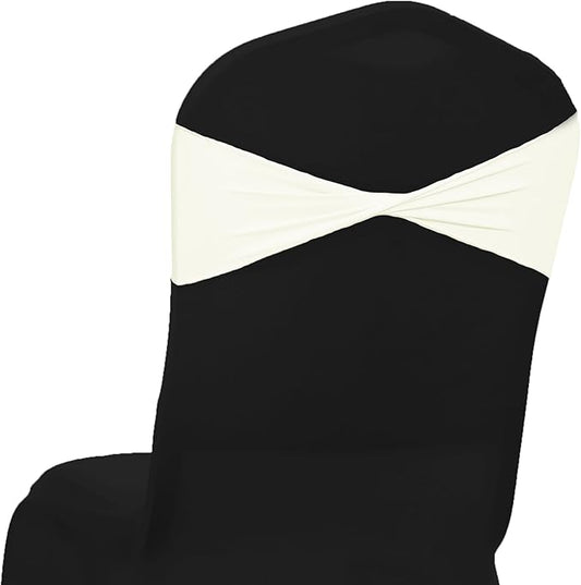 MDS Pack of 25 Spandex Chair Sashes Bows Elastic Stretch Dining Chair Bands Ties Without Slider Buckle Universal fits for Wedding Baby Shower Birthday Party Banquet Event Decoration - Ivory