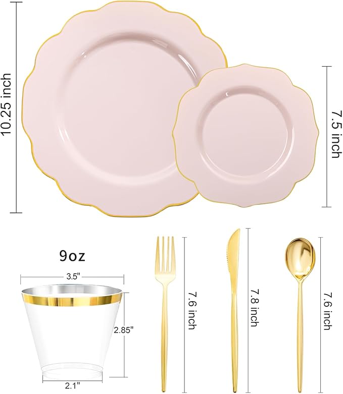 bUCLA 180PCS Pink Plastic Plates - Pink with Gold Rim Disposable for Party Include 30 Each (Dinner & Dessert) Plates, 30 Knives, 30 Forks, 30 Spoons, 30 Cups for Wedding, Birthday & Mother's Day