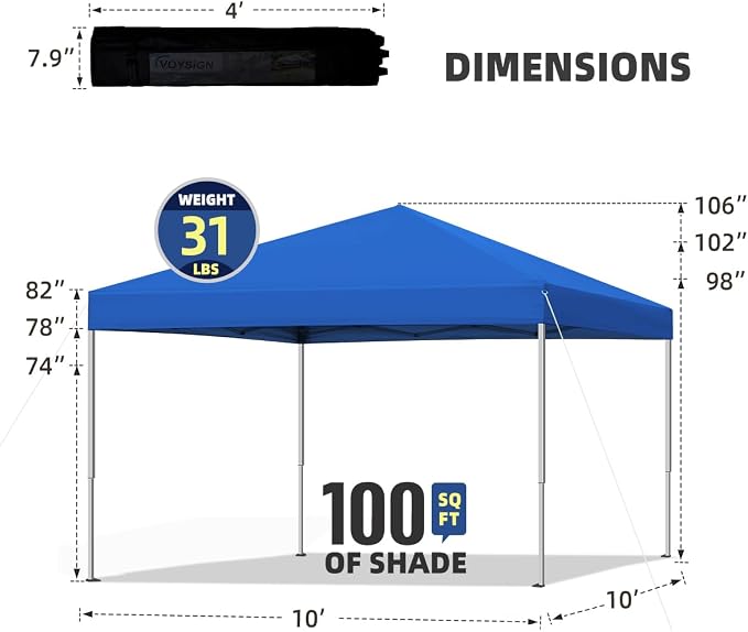 10x10 ft Pop Up Canopy Tent, Easy Up Instant Outdoor Canopy, Straight Legs, Wheeled Carry Bag - Blue