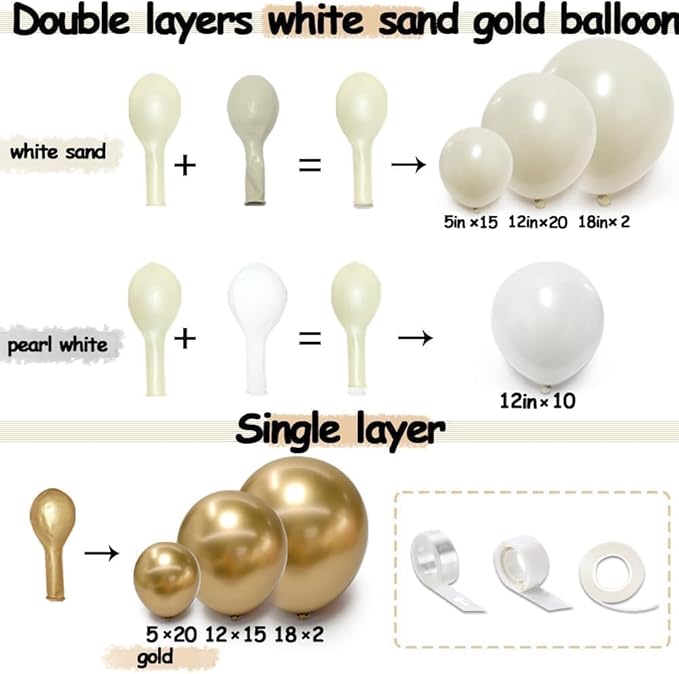Beige Gold Balloons Double Stuffed Sand White Balloon Garland Pearl White Cream Metallic Gold Balloon Arch Kit for Birthday Wedding Bridal Anniversary Boho Baby Shower Party Decorations