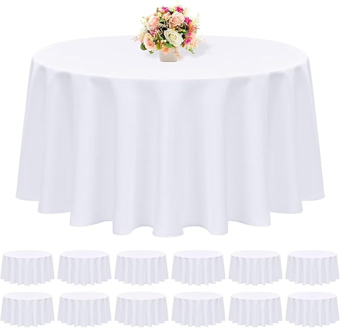 12 Pack White Round Tablecloth 120 Inch - Polyester Table Cloth for Round Tables, Premium Circle Tablecloth Linens Washable Fabric Bulk Table Cover for Wedding Party Banquet Restaurant Reception