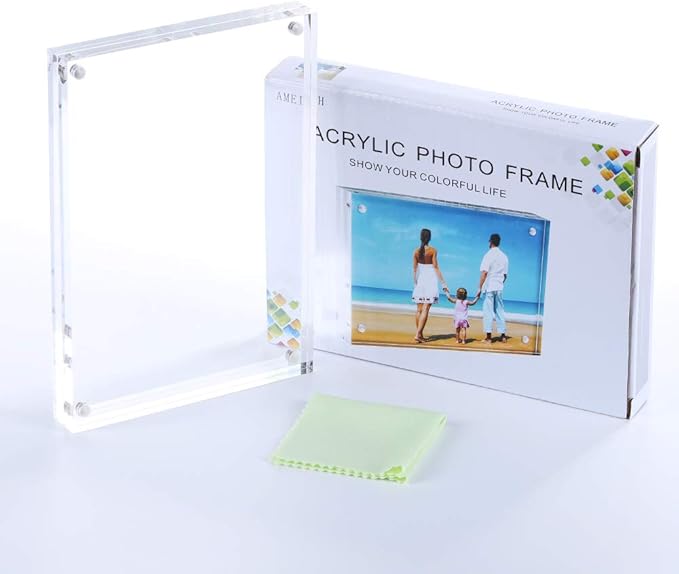 AMEITECH 6x8'' Acrylic Photo Frames 3 Pack, Magnetic Clear Acrylic Block Picture Frame, Desktop Frameless Photograph Display