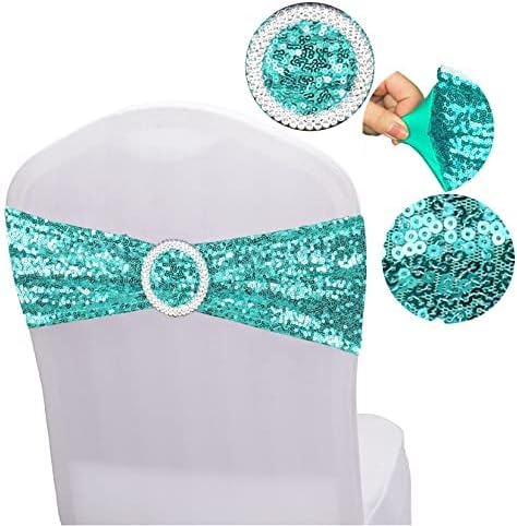 Sequin Chair Sashes Spandex, Pack of 50 Sequin Stretch with Buckle Chair Bands for Wedding Banquet Birthday Graduation Party Anniversary Prom Celebration Chair Decorations (Aqua, 50pcs)