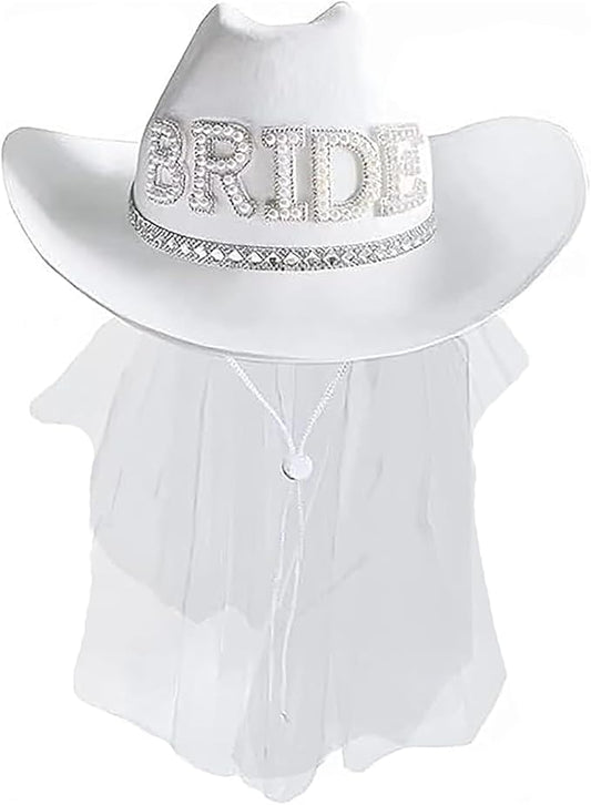 Delphinus Bridal Cowboy Hat, Bronzing Bride Cowgirl White Velvet Fur Veil Favors Women Felt Party Hat,Bachelorette Party Bride to Be Gift
