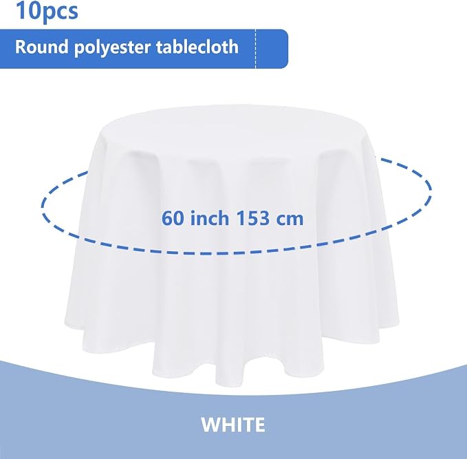 Polyester Tablecloth, 10pack 60inch White, for Round Tables, Fabric Tablecloths, Washable, for Wedding Party