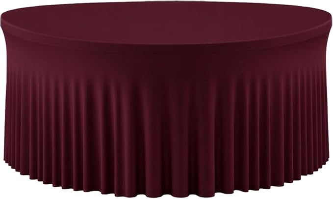Burgundy Round Tablecloth 60 inch Stretch Spandex Fitted 5FT Round Banquet Tablecloths Wrinkle Free Table Cover Stitch Circle Tablecloth with Ruffle Skirt for Wedding Party Birthday Decor