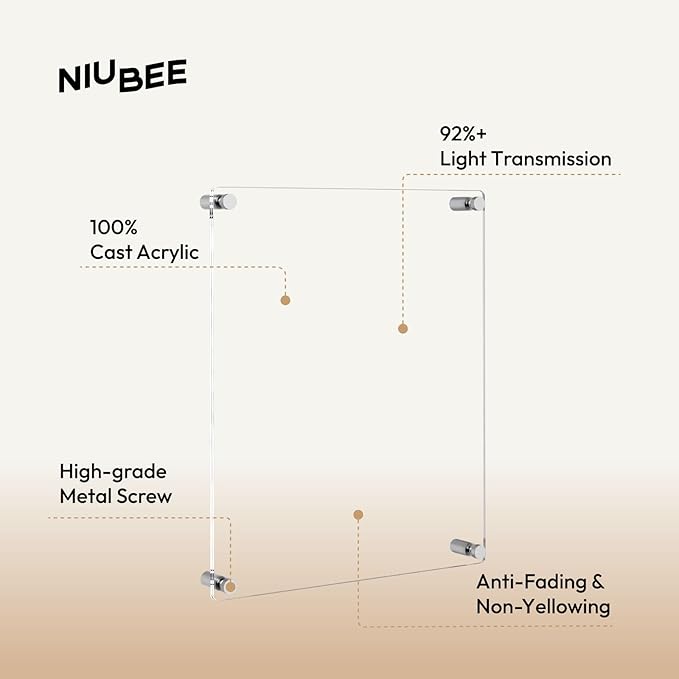 NIUBEE Clear Acrylic Wall Mount Floating Frameless Picture Frame Up to 16x20 Photo for Poster Photography Frames-Double Panel(Full Frame is 18.5x22.5 inch)