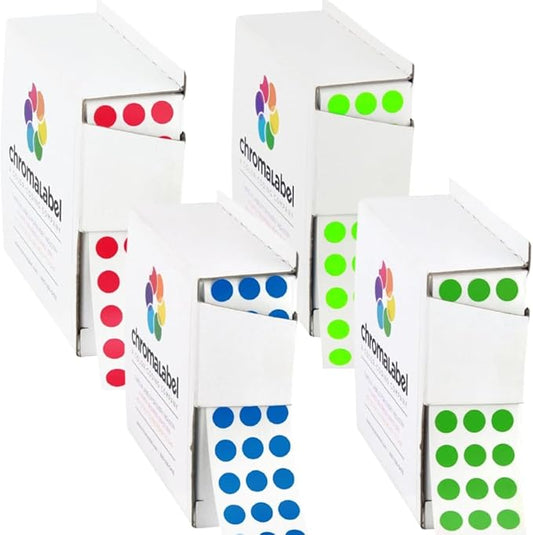 ChromaLabel 1/4 Inch Round Permanent Colored Stickers, Dot Stickers for Arts and Crafts - 1000 Colored Sticker Dots per Dispenser Box, Red, Dark Blue, Green, and Fluorescent Green Sticker Labels