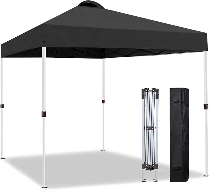 10x10 Pop Up Canopy Tent, Instant Folding Outdoor Shelter with High Strength Steel Frame and Handheld Carry Bag, Ground Stakes and Wind Ropes for Backyard Party, Camping, Beach Events, Black