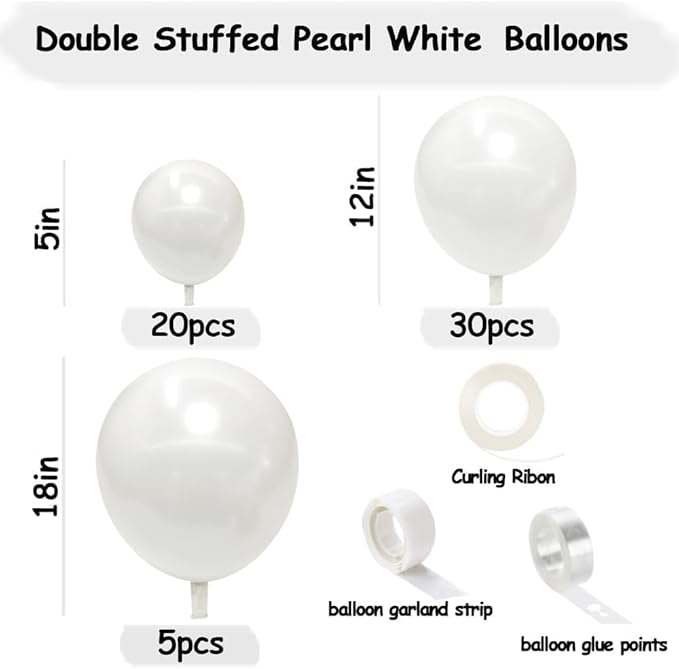 Pearl White Balloons Double Stuffed Latex Pastel White Balloon Garland Different Sizes 18/12/5in Cream Balloon Arch Kit for Wedding Bridal Valentine Mother's Day Frozen Birthday Party Decorations