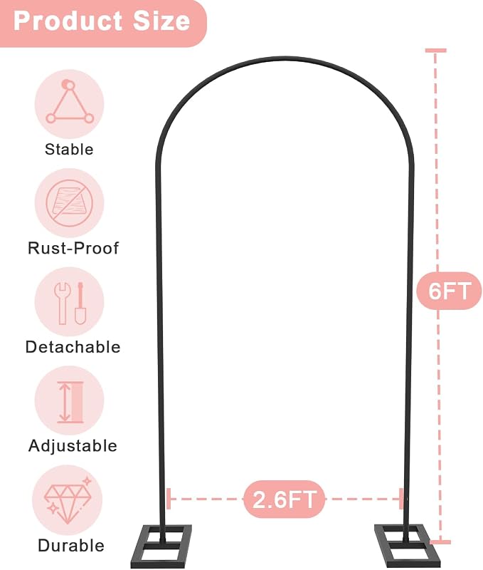 Queension 6FT Metal Wedding Arch Stand for Ceremony, Backdrop Frame With Base for Birthday Party, Baby Shower, Balloon Decorations, Black