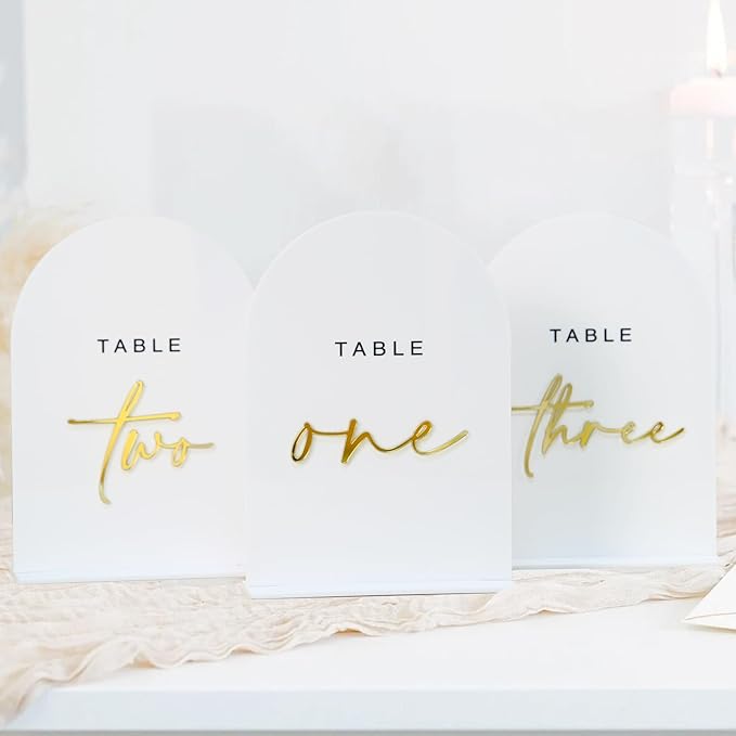 White Arched Wedding Table Numbers 1-20 with Stands, 5x7 Inch White Acrylic Arch Sign with Gold Numbers, Arch Acrylic Table Numbers for Wedding Reception