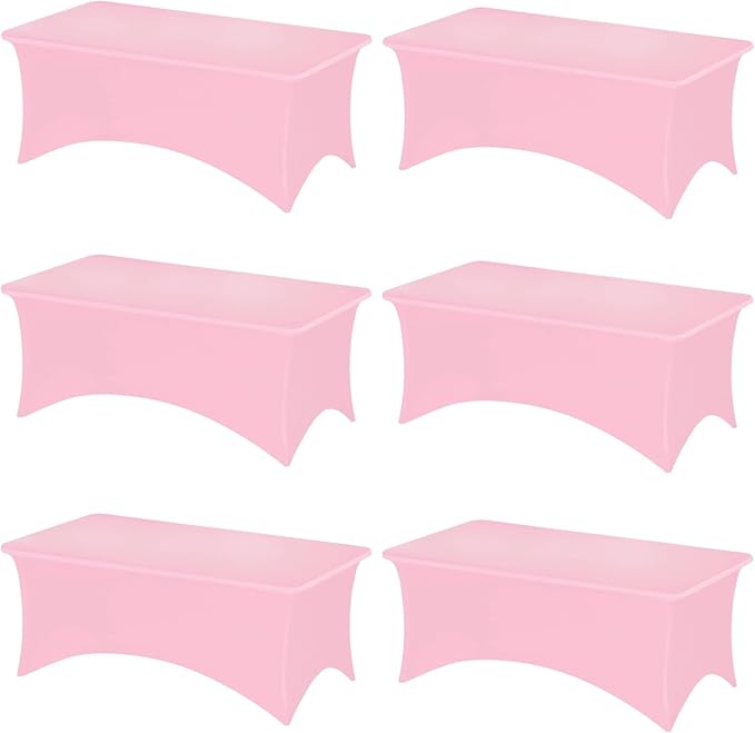 Fixwal 6 Pack 8Ft Pink Table Cover, Spandex Fitted Tablecloths Rectangle, Wrinkle-Free and Stretch Folding Table Cloth for Banquet, Wedding, Party, Trade Show