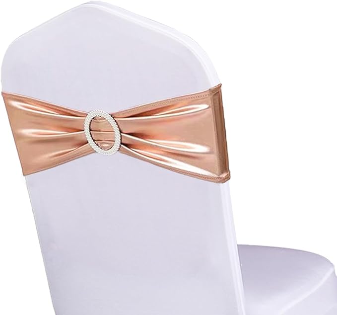 Pack of 50 Spandex Rose Gold Chair Sashes Bows Pink Gold Chair Bands with Buckle for Wedding Party Birthday Engagement Anniversary Christmas Event Decor (Rose Gold Pink Gold)