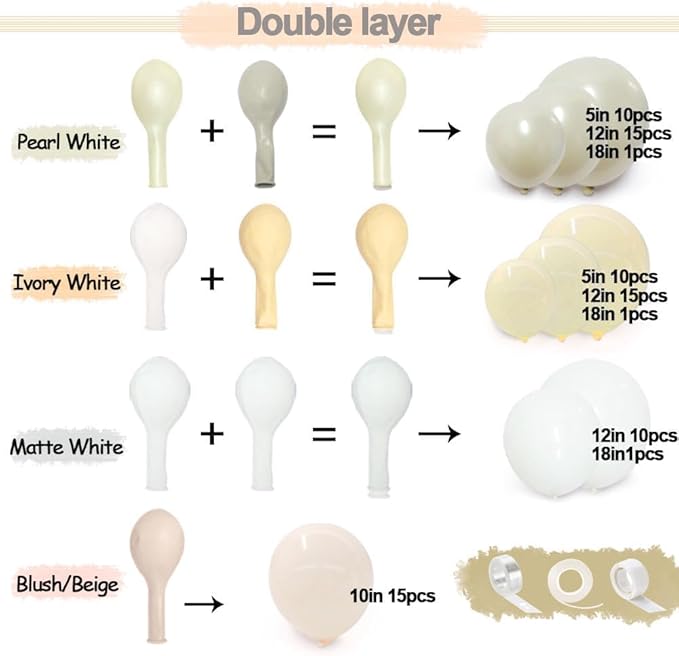 White Balloon Arch Kit Double Stuffed Ivory Beige Balloon Garland Blush Cream White Pearl Balloons for Baptism Baby Shower Birthday Bridal Shower Wedding Bachelorette Anniversary Party Decor