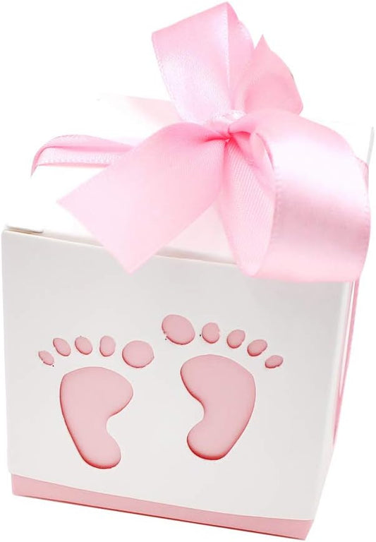 Rgontar 50 Pcs Cute Newborn Baby Footprints Candy Boxes with Ribbon Baby Shower Candy Box Party Table Decor Birthday Party Gift Favor(Pink)