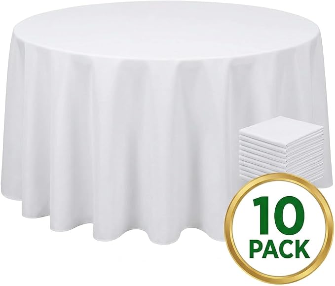 10 Pcs 90 Inch Round Tablecloth, White Polyester Table Cover, Soft, Easy to Iron & Reusable for Dining Room, Wedding, Party, Indoor & Outdoor Use
