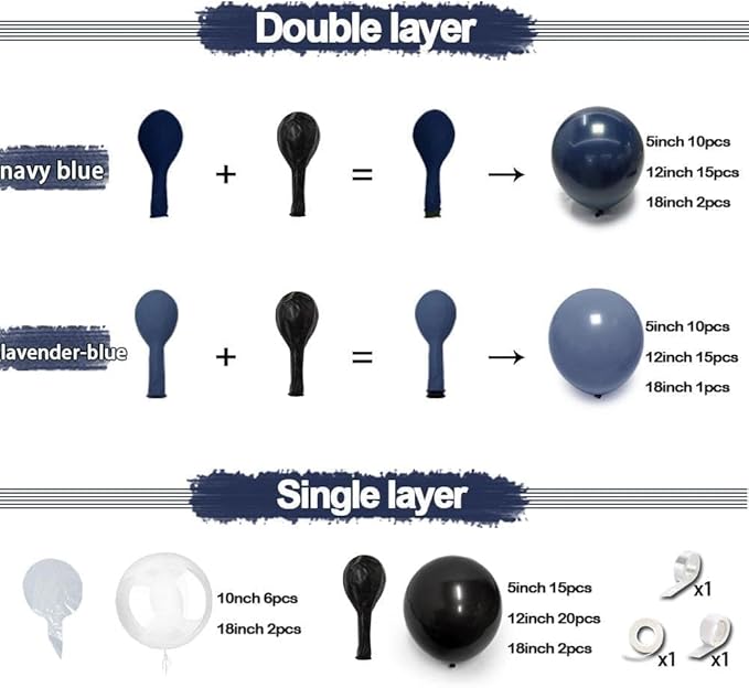 Navy Blue Black Balloon Arch Kit Double Stuffed, Dark Lavender-Blue Matte Black Balloon Garland with Clear Bobo Latex for Birthday Baby Shower Men Graduation Wedding New Year Party Decoration