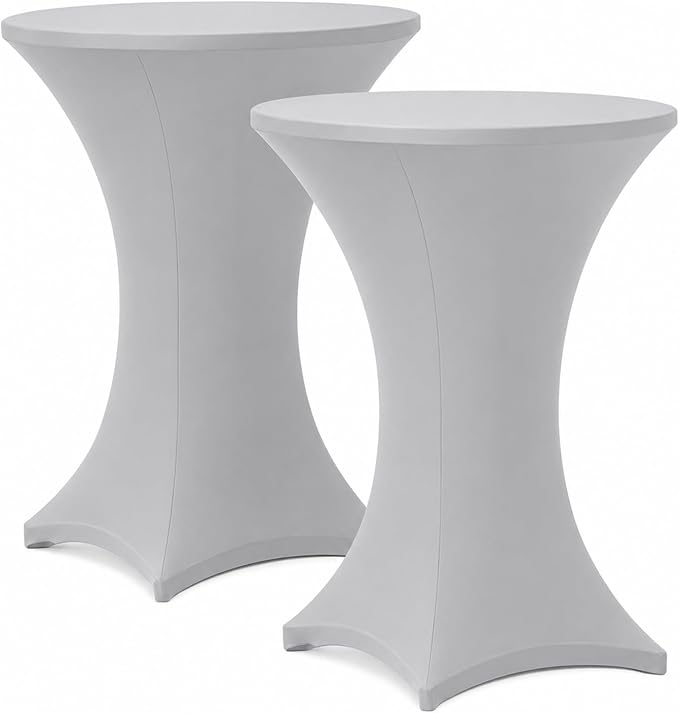 Cocktail Table Covers - 2 Pack 32x43 Inch Table Cloth - Light Grey Fitted Stretch Spandex Round High Top Tablecloth for Party, Bar, Birthday, Pub, Banquet