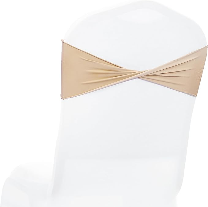 MDS Pack of 50 Spandex Chair Sashes Bows Elastic Stretch Dining Chair Bands Ties Without Slider Buckle Universal fits for Wedding Baby Shower Birthday Party Banquet Event Decoration - Champagne Gold
