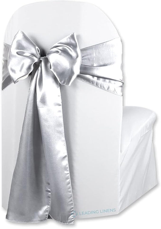 Satin Bow Sash Chair Cover Decoration - Elegant Sashes for Weddings, Banquets, Receptions, Special Events, Restaurants, and Parties - 28 Available Color Choices, Set of 150, Silver