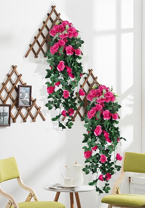 RECUTMS 4PCS Artificial Hanging Rose Flower, 37 Inch Fake Rose Red Silk Floral Ivy Plants for Home Room Garden Front Porch Wedding Arch Labor Day Summer Break Party Indoor Outdoor Greenery Decoration