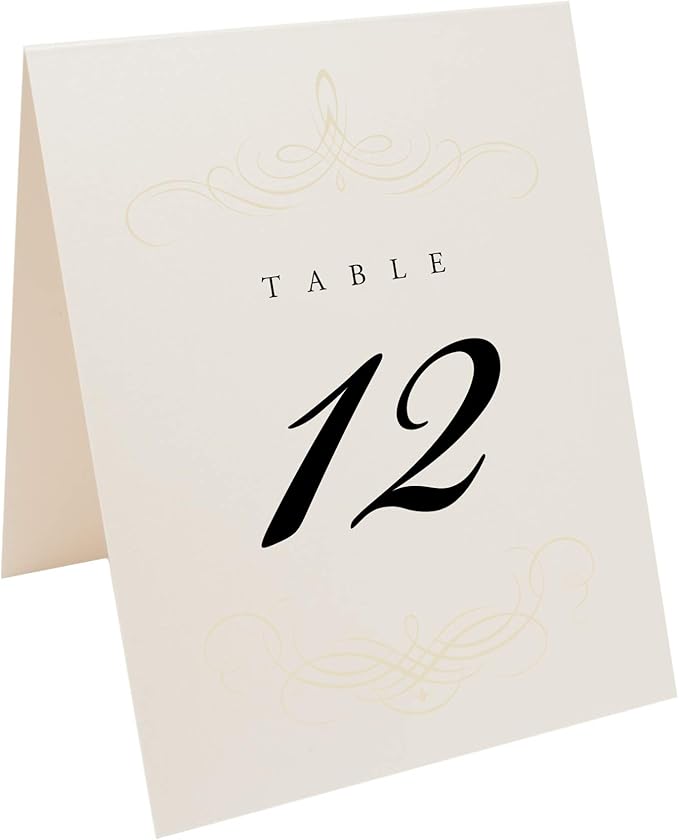 Decadent Flourish Wedding Table Numbers (Select Color/Quantity), Champagne, Ivory, 1-110, Double Sided, Tent or Use in a Stand, Great for Parties & Restaurants - Made in the USA