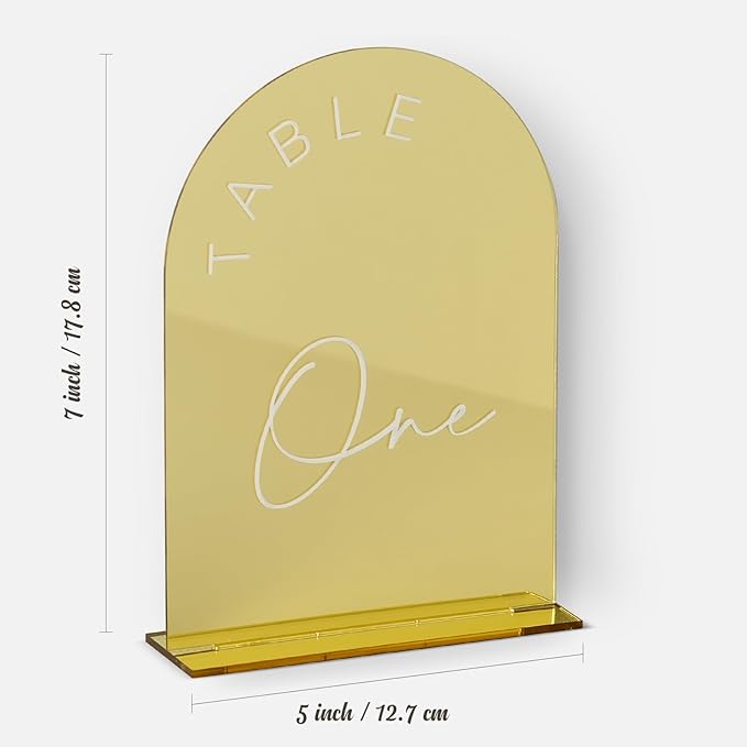 Gold Mirror Arched Wedding Table Numbers with Stands 1-30, 5x7 Inch Acrylic Arch Sign with Holder, Gold Arch Acrylic Table Numbers for Wedding Reception(1-30, 5"x7")
