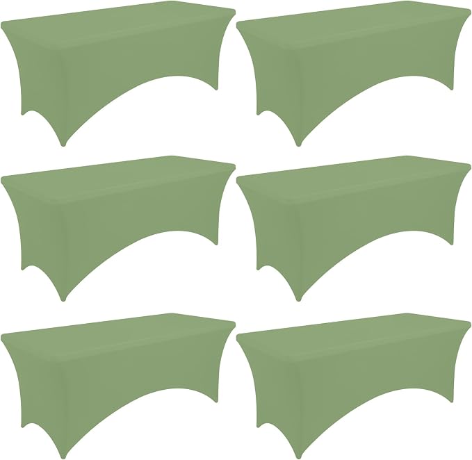 Moosfor Spandex Elastic Fitted 8FT Rectangle Tablecloth 6 Pack, Stretch Washable Reusable Table Cover for Outdoor Picnic, Dining, Wedding, Banquet & Party Events (Sage Green, 96Lx30Wx30H Inch)