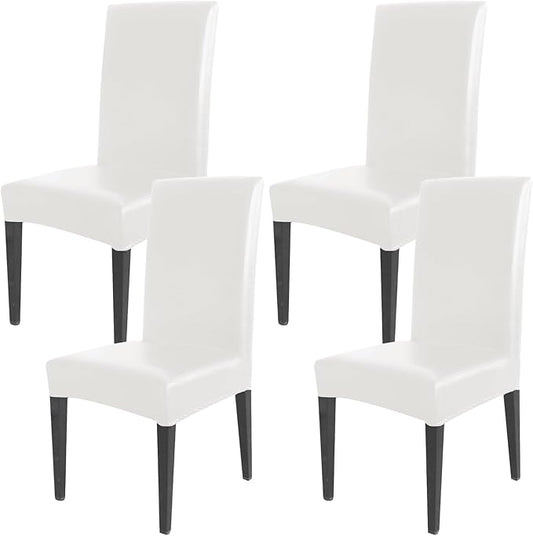Qubjus Dining Chair Covers, Solid Pu Leather Waterproof Oilproof Stretch Dining Chair Protector Cover Slipcover (White, 4 Pack)